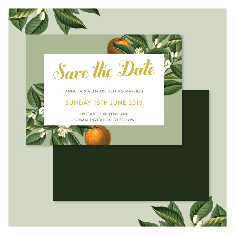 Sweet Citrus in Olive Green • Save the Date